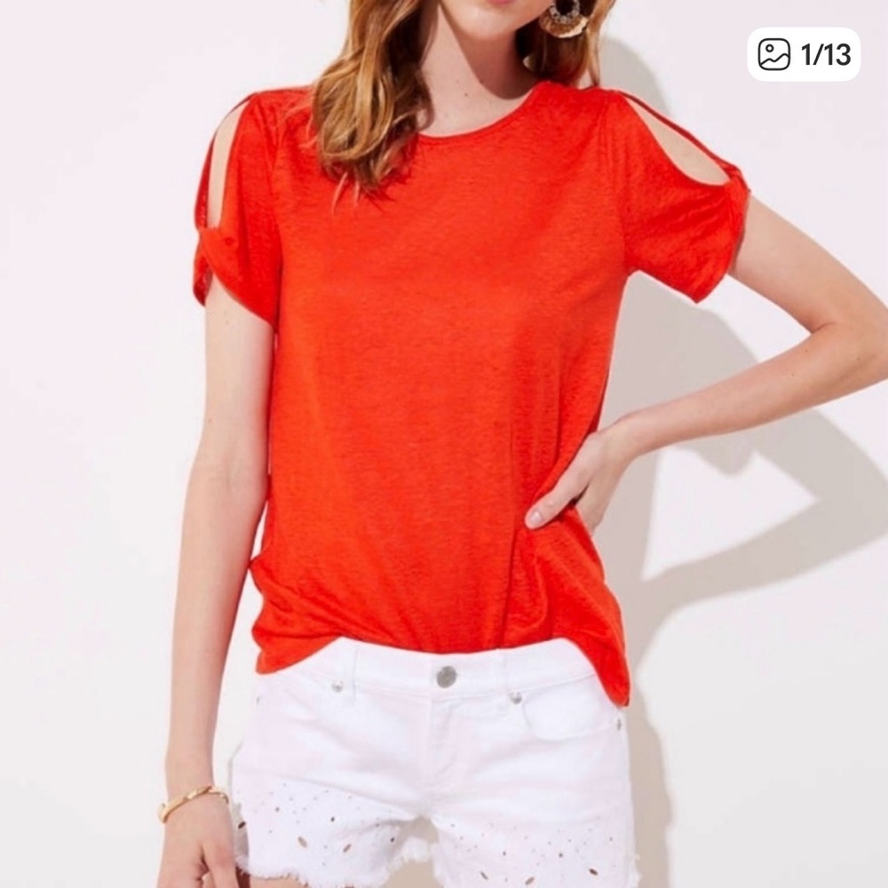 LOFT LINEN Top Women's XS Twist Detail Vented Sleeve Orange Linen